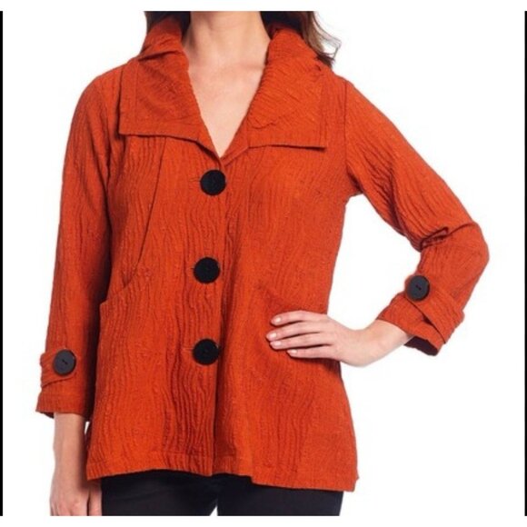Ali Miles Jacket Size XL Orange Crinkly Textured Button Front Blazer Art To Wear - Picture 1 of 10
